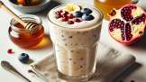 Frullato per il mal di gola con miele, semi di melograno, yogurt, mirtilli e banana
